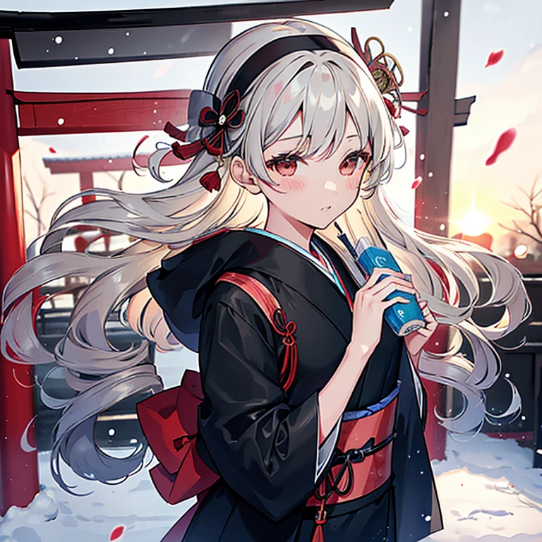 Girl in kimono,silber hair,Dark blue kimono,With both hands１have two votive tablets,with floral pattern,Black headband,I&#39;m in Japan in January,Snow is piled up,In front of the red torii gate of the shrine,The sun rises,snowflakes falling,morning,He looks at you anxiously,people around,Futomo,