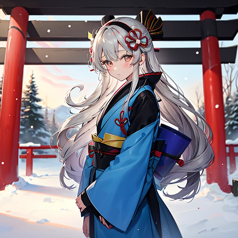 Girl in kimono,silber hair,Dark blue kimono,With both hands１have two votive tablets,with floral pattern,Black headband,I&#39;m in Japan in January,Snow is piled up,In front of the red torii gate of the shrine,The sun rises,snowflakes falling,morning,He looks at you anxiously,people around,Futomo,