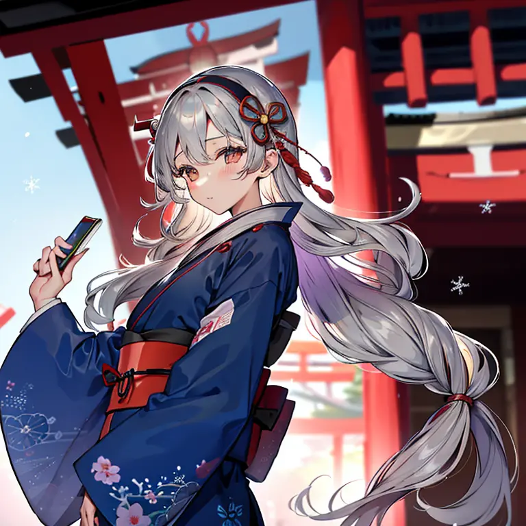 girl in kimono,silber hair,dark blue kimono,with both hands１have two votive tablets,with floral pattern,black headband,i&#39;m i...