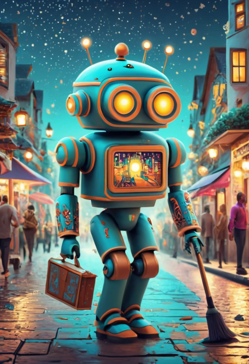 Robot Butler. (best quality,4k,highres:1.2),ultra-detailed,(realistic:1.37),zentangle style Robot Butler sweeping the streets walpaper,ethereal atmosphere,moonlit aura,dark shadows,whimsical,nighttime cityscape,neon lights,upbeat energy,twinkling stars,starry sky,enchanted city,hidden secrets,glimmering reflections,mesmerizing colors,lively and vibrant,hustling and bustling streets,mysterious figures,intense intrigue,curiosity piqued,unforgettable moments,secret doorways,elusive mysteries,thrilling adventures,hint of danger,enchanted architecture,labyrinth of streets,wonder-filled alleyways,magical encounters,unfolding stories,spellbinding moments,bewitching journey,nighttime allure,fantasy unleashed.