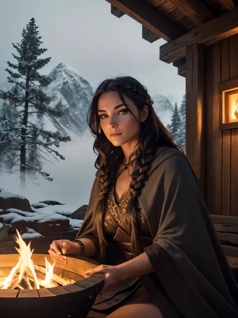 A beautiful and sexy Viking daughter woman wearing only a hemp cloak, dark wolf eyeliner, heavy eyeshadow, beautiful refined fac...