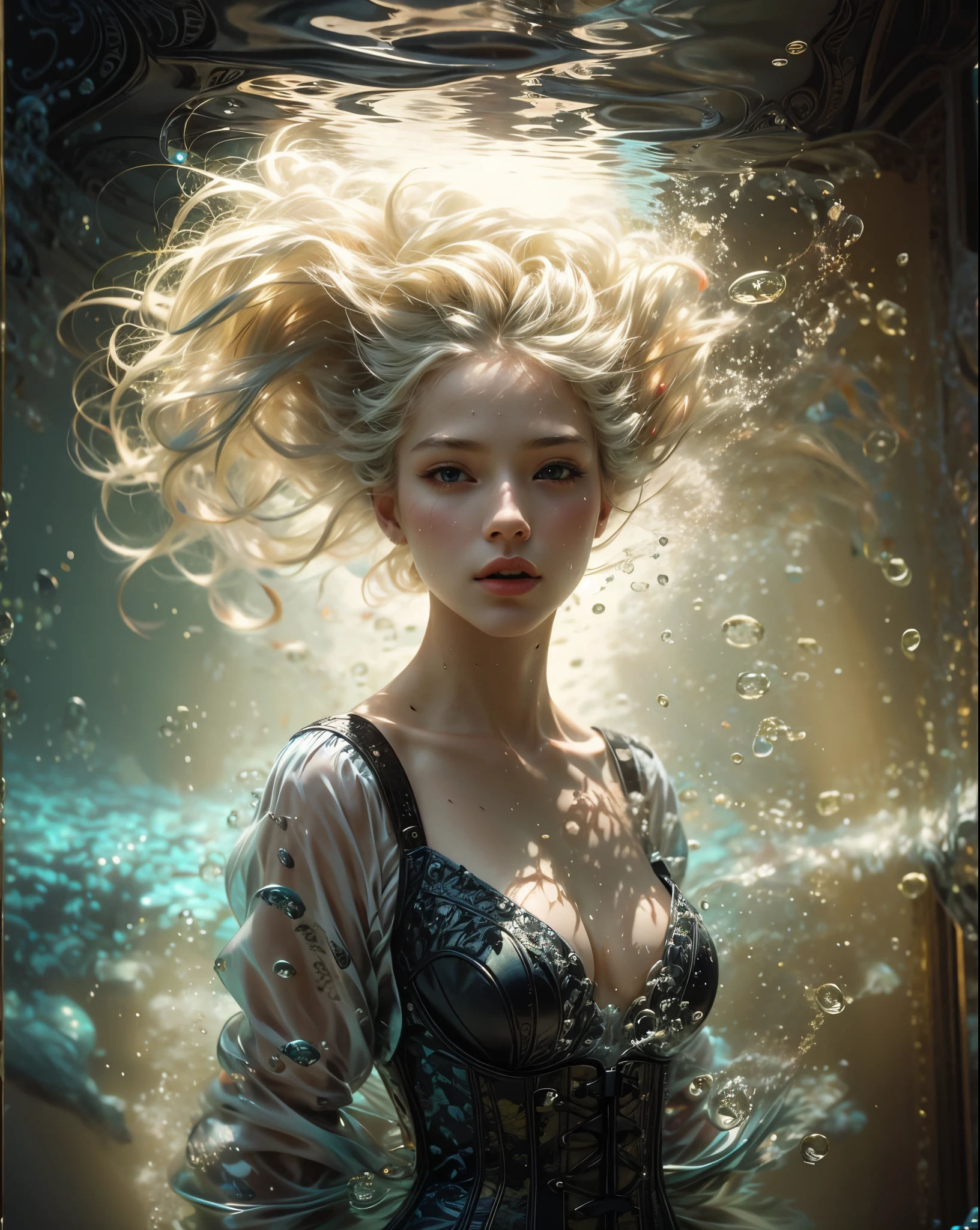 Beautiful blonde woman with long hair in a corset, standing under water, Hair floating in the water, The atmosphere is awesome., Being in water with lots of air bubbles around., (Realistic face details), intricate detailed, very high details, photo-hyper-realistic, 8k, UHD, hyperdetailed,