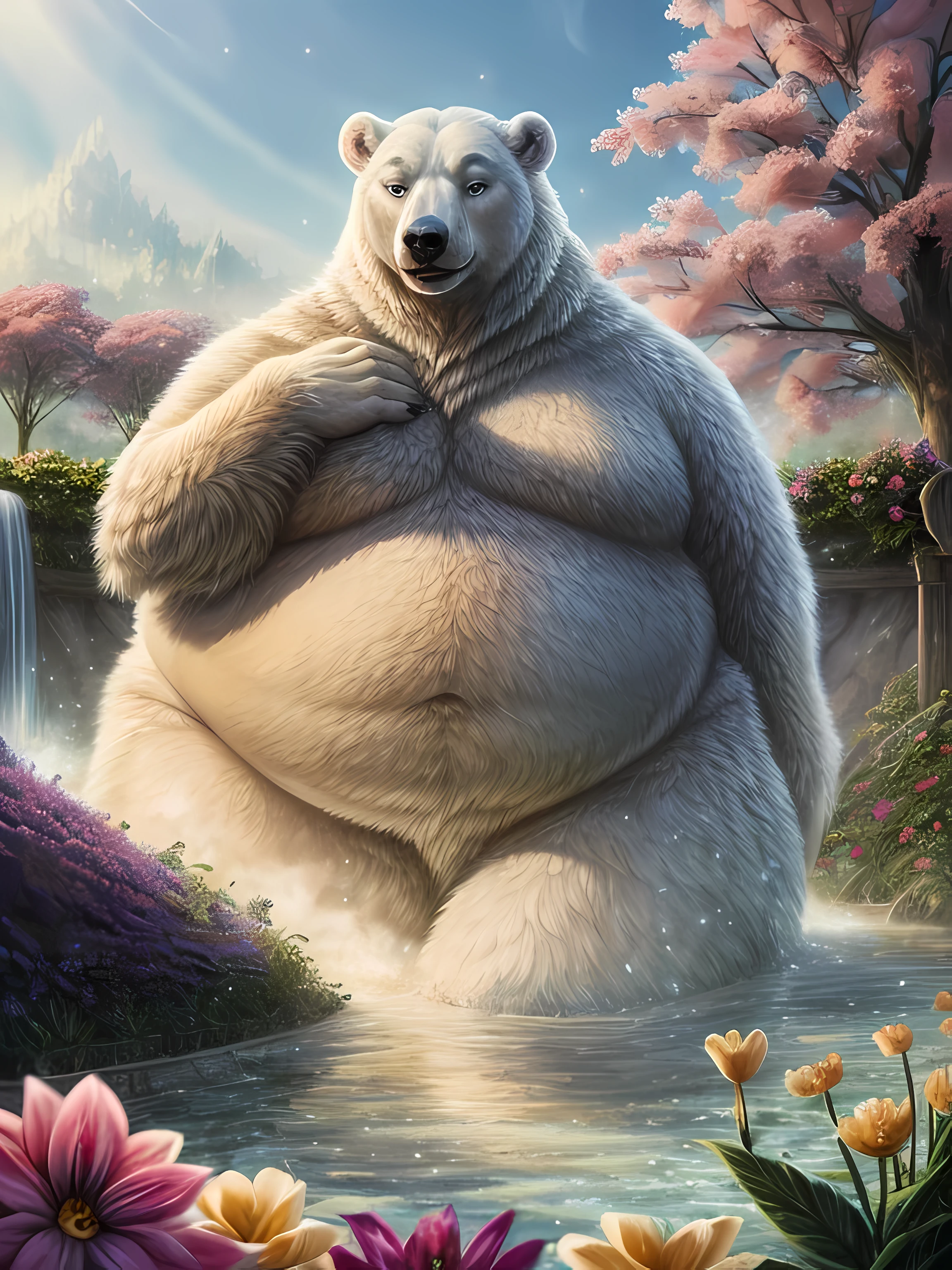 Obese, Overweight male, anthro, polar bear), Enchanting garden, blooming flowers, sparkling water, magical creatures, Intricate details, vibrant hues, dreamlike ambiance, beige, peach, soft blue, green, morning and fog, hyperrealistic, matte painting golden ratio, intricate, highly detailed,