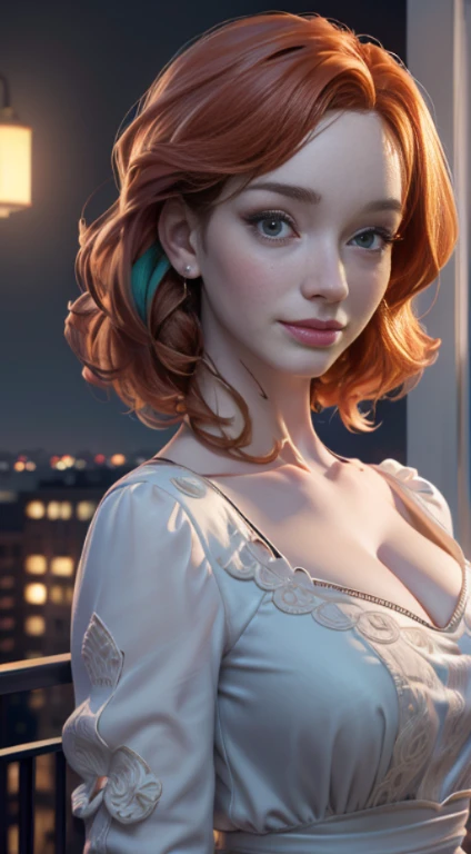 photo of christina hendricks, RAW, beautiful woman, charm, ((portrait)), ((detailed face:1.2)), ((detailed facial feature, detailed skin, clear skin), (perfect proportioned body), (wearing a colorful dress) (high detailed city environment, apartment balcony), (realistic photo, best quality, detailed), (8k wallpaper), (cinematic lighting, dramatic lighting) (sharp focus, intricate)