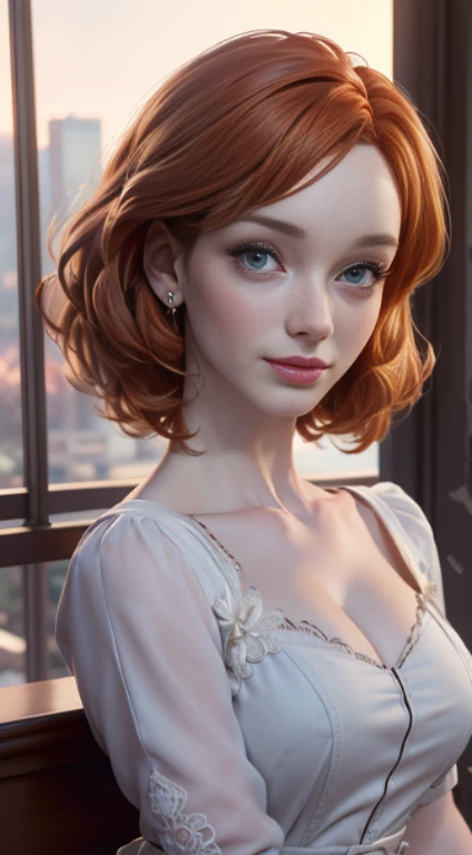 photo of christina hendricks, RAW, beautiful woman, charm, ((portrait)), ((detailed face:1.2)), ((detailed facial feature, detailed skin, clear skin), (perfect proportioned body), (wearing a colorful dress) (high detailed city environment, apartment balcony), (realistic photo, best quality, detailed), (8k wallpaper), (cinematic lighting, dramatic lighting) (sharp focus, intricate)