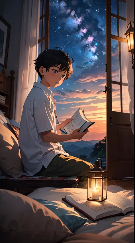 Craft a spellbinding image: a young boy engrossed in a book on a veranda bed, under a celestial sky adorned with radiant stars. ...