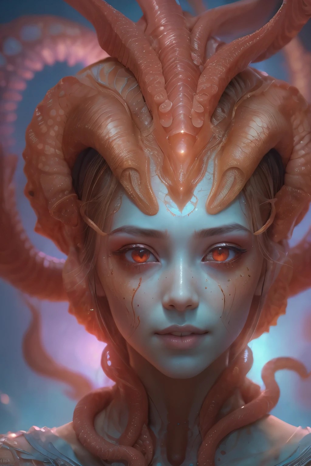 Portrait, (1 beautiful female alien:1.2),  (There is a female genital-like organ in the middle of the forehead:1.8), (The most beautiful face in the history of the universe:1.2), (Scarlet eyes that shine mysteriously:1.6), (Translucent skin:1.8), an evil gaze that seduces, (red eyes:1.5), (large mouth:1.1), sharp teeth like a shark, Full body like, (bio luminescent:1.2), (Smile wickedly:1.3),  (sexypose:1.5), alien, No humans, cells are fused, (Lots of translucent tentacles:1.1) (Translucent skin:1.3), extraterrestrial, cell, bio image, Best Quality, 8K,4K_quality, High Definition, Dramatic Lighting, masutepiece:1.5,cinematic quality, detail up, (Intricate details:1.2), High resolution, High Definition, drawing faithfully, (Thick eyebrows:1.2), Beautiful eyes with fine symmetry, (Ultra detailed eyes:1.2),(Highly detailed face and eyes:1.2), (High-resolution red-eye:1.4), Intimate face, (Super detailed skin quality feeling:1.4), Perfect Anatomy,  (Beautiful toned body:1.5),  (Moist skin:1.2), No makeup, (dark circles:1.1), long canines, cinematic drawing of characters, ultra high quality model, cinematic quality, detail up, (Intricate details:1.2), High resolution, High Definition, drawing faithfully, Official art, Unity 8K wall  , 8K Portrait, Best Quality, Very High resolution, ultra detailed artistic photography, midnight aura,  unreal enginee 5, Ultra Sharp Focus, art by alberto seveso, ArtGerm, Roisch, intricate artwork, best quality, masutepiece, ultra High resolution, (photos realistic:1.4), Ultra-realistic realism, dream-like,  nautilus, Creation of fantasy, Snail, Dream Snail,  (biopunk nautilus:1.3), Thrilling color schemes， Ultra-realistic realism， seductively smiling, Blue tentacles