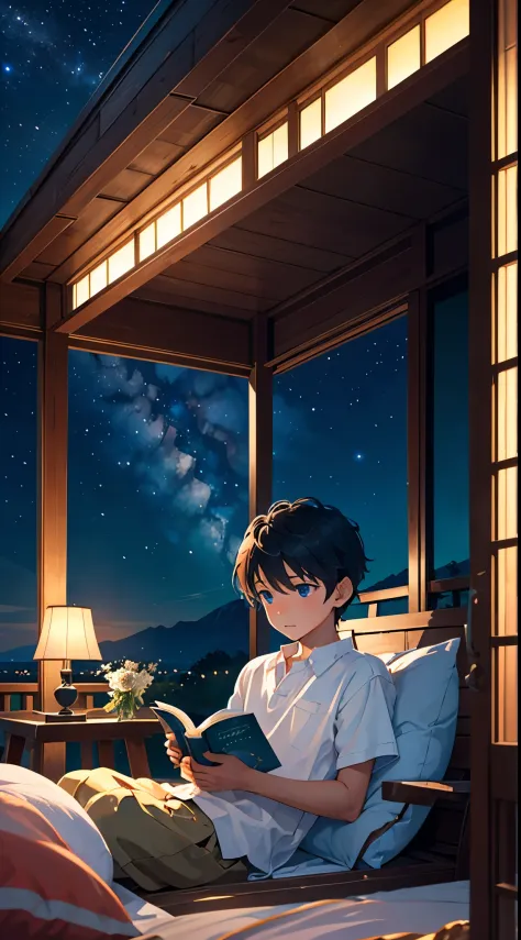 Craft a spellbinding image: a  boy engrossed in a book on a veranda bed, under a celestial sky adorned with radiant stars. Dive ...