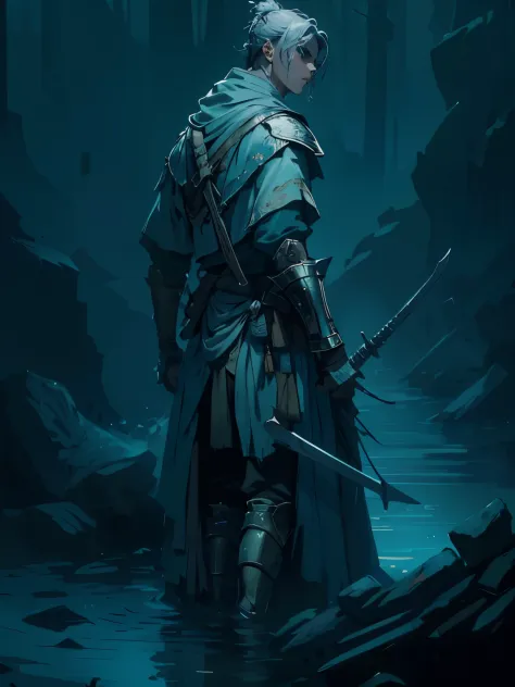 boarder of life and death a wandering warrior, wearing pale blues an light silk linen ancient military garb armored from the hip...