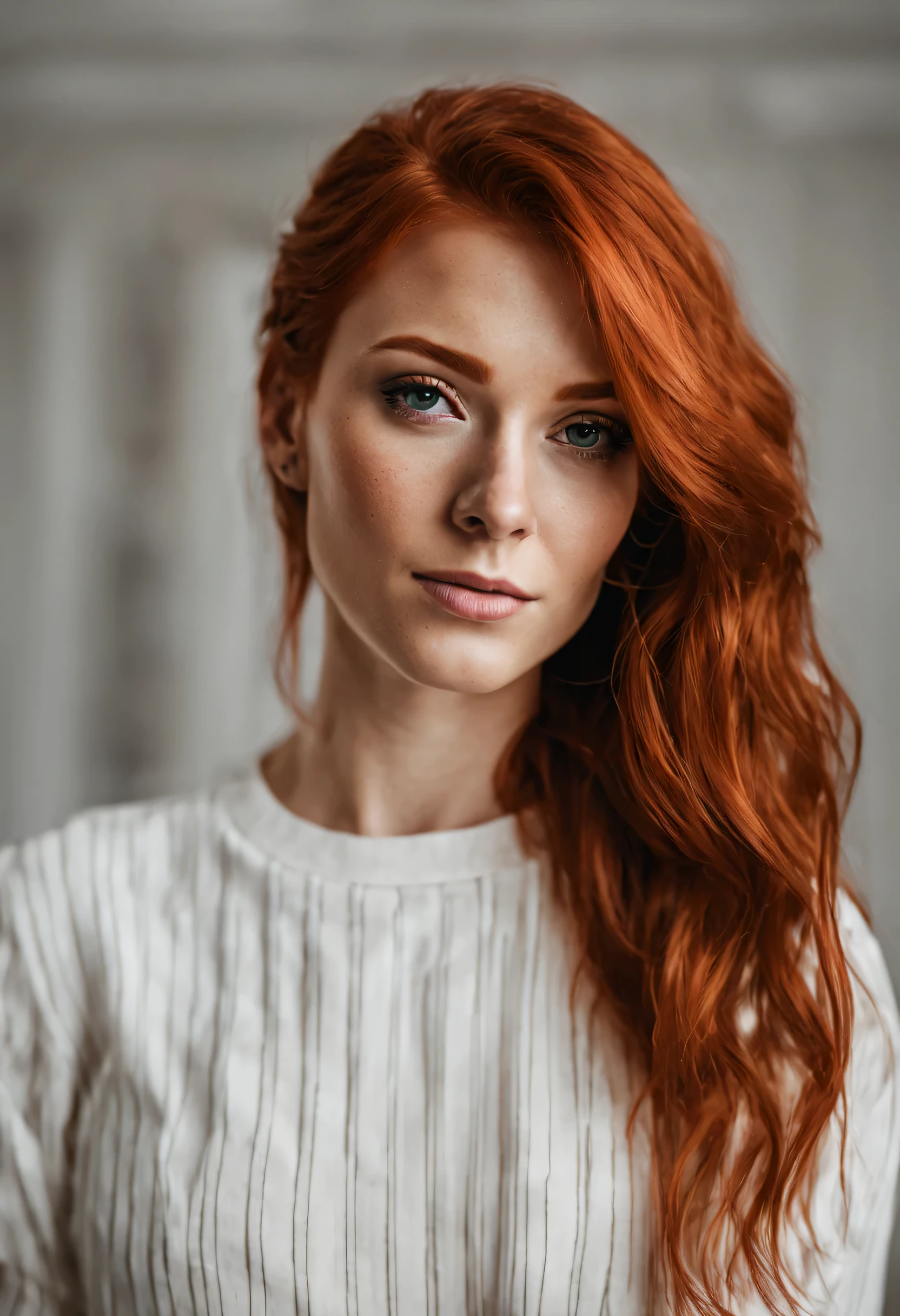 A woman with red hair and a white shirt looking at the camera - SeaArt AI