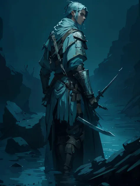 boarder of life and death a wandering warrior, wearing pale blues an light silk linen ancient military garb armored from the hip...
