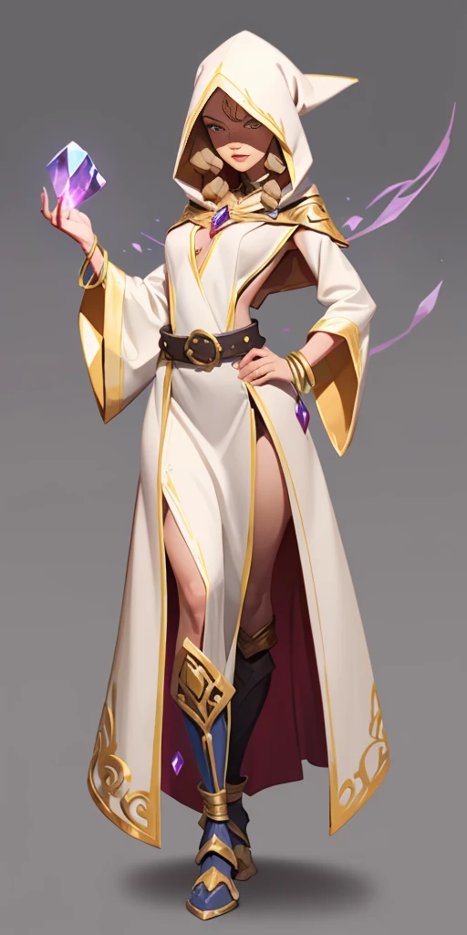 solo, 1girl,slave warrior with 2 legs and 2 arms tied to a bed, bondage MAGICIAN, FEMALE FOCUS, GRAY BACKGROUND, WIZARD, FULL BODY, STANDING, HOOD, ROBE, MILF, JEWELRY, LONG BLONDE HAIR, BRACELET, WIDE SLEEVES, WOMAN, BELT, GEMSTONE, LONG SLEEVES, FEMALE VERSION
