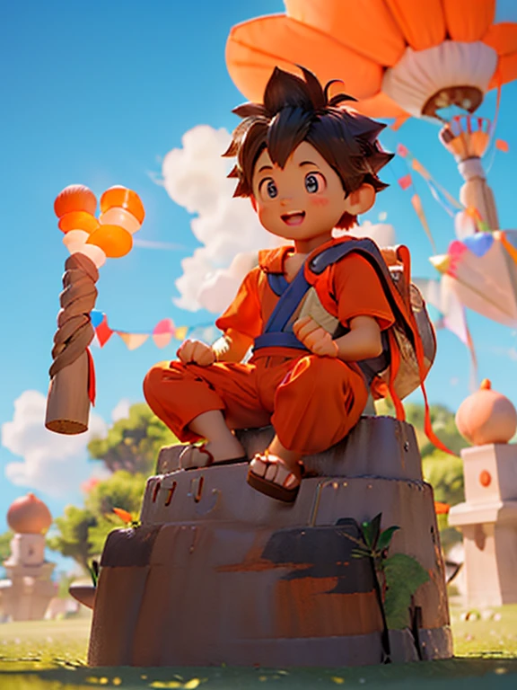 Little Goku in orange uniform sitting on flying cloud flying on the ...