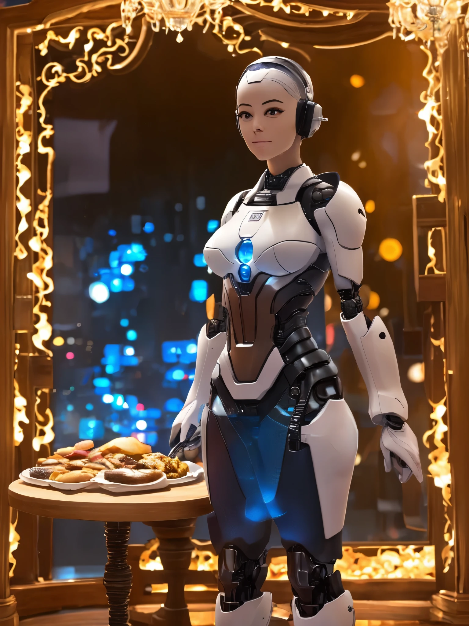 فتاة روبوتية تحمل وجبات الطعام、(أعلى جودة、دقة عالية、تحفة:1.2)、مفصلة للغاية、واقعي:1.37、احترافي、التقديم القائم على الجسد、إضاءة الاستوديو、لون حيوي、بورتليت、طاولة مع عشاء فاخر ونبيذ