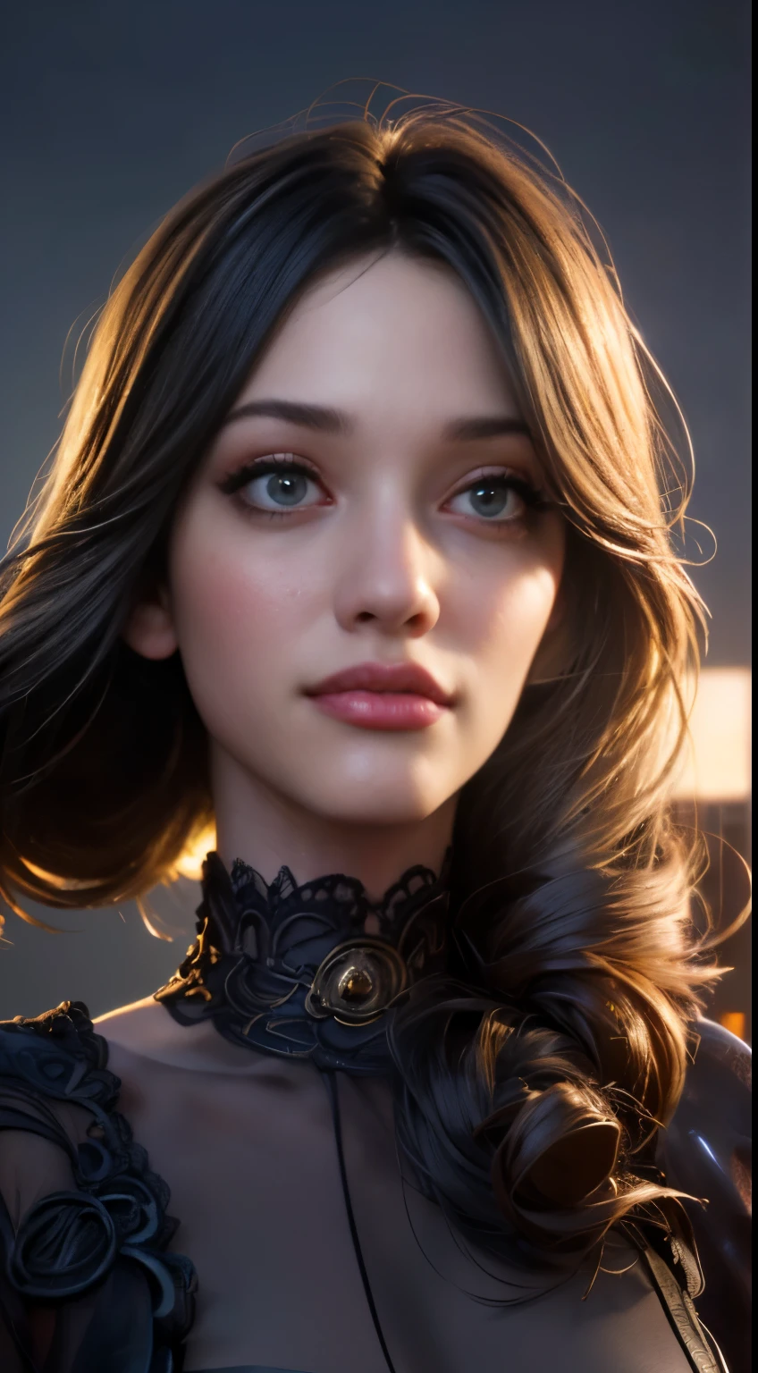 photo of Kat Dennings, RAW, beautiful woman, ((portrait)), ((detailed face:1.2)), ((detailed facial feature, detailed skin, clear skin), (perfect proportioned body), (wearing a dark dress) (high detailed city environment, apartment balcony), (realistic photo, best quality, detailed), (8k wallpaper), (cinematic lighting, dramatic lighting) (sharp focus, intricate)