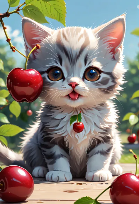 Cute vector kitten with cherry, style of anime, M Jenny style, digital illuminations, nearing perfection, The content is very detailed, smooth private parts, Focus sharp, illuminations, 4K分辨率