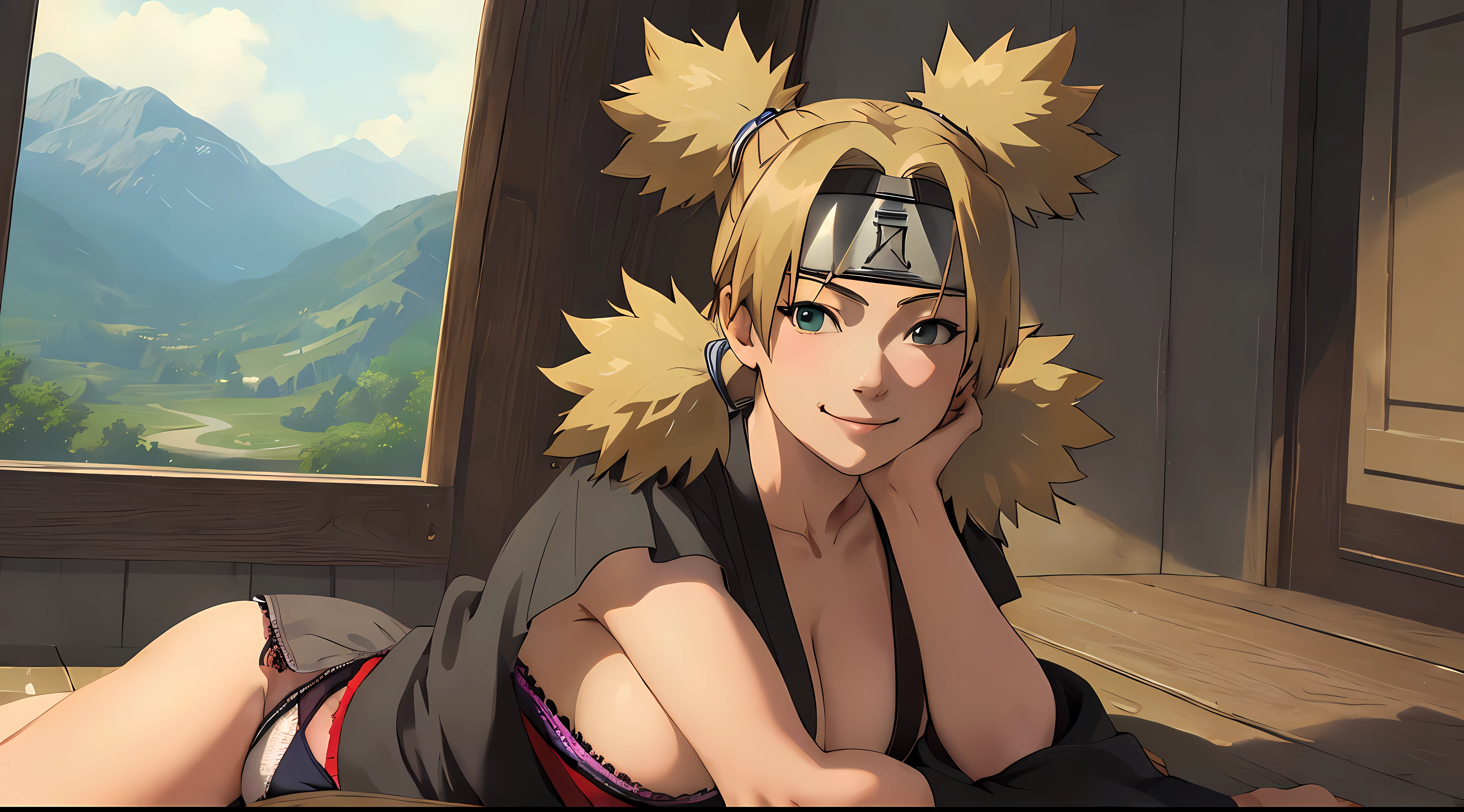 masterpiece, best quality, ultra-detailed, TemariNS, solo, quad_tails, looking_at_viewer, closed_mouth, forehead_protector, breasts, open_kimono, ((panties)), smile, on a mountain, volumetric lighting, best quality, masterpiece, intricate details, tonemapping, sharp focus, hyper detailed, trending on Artstation,