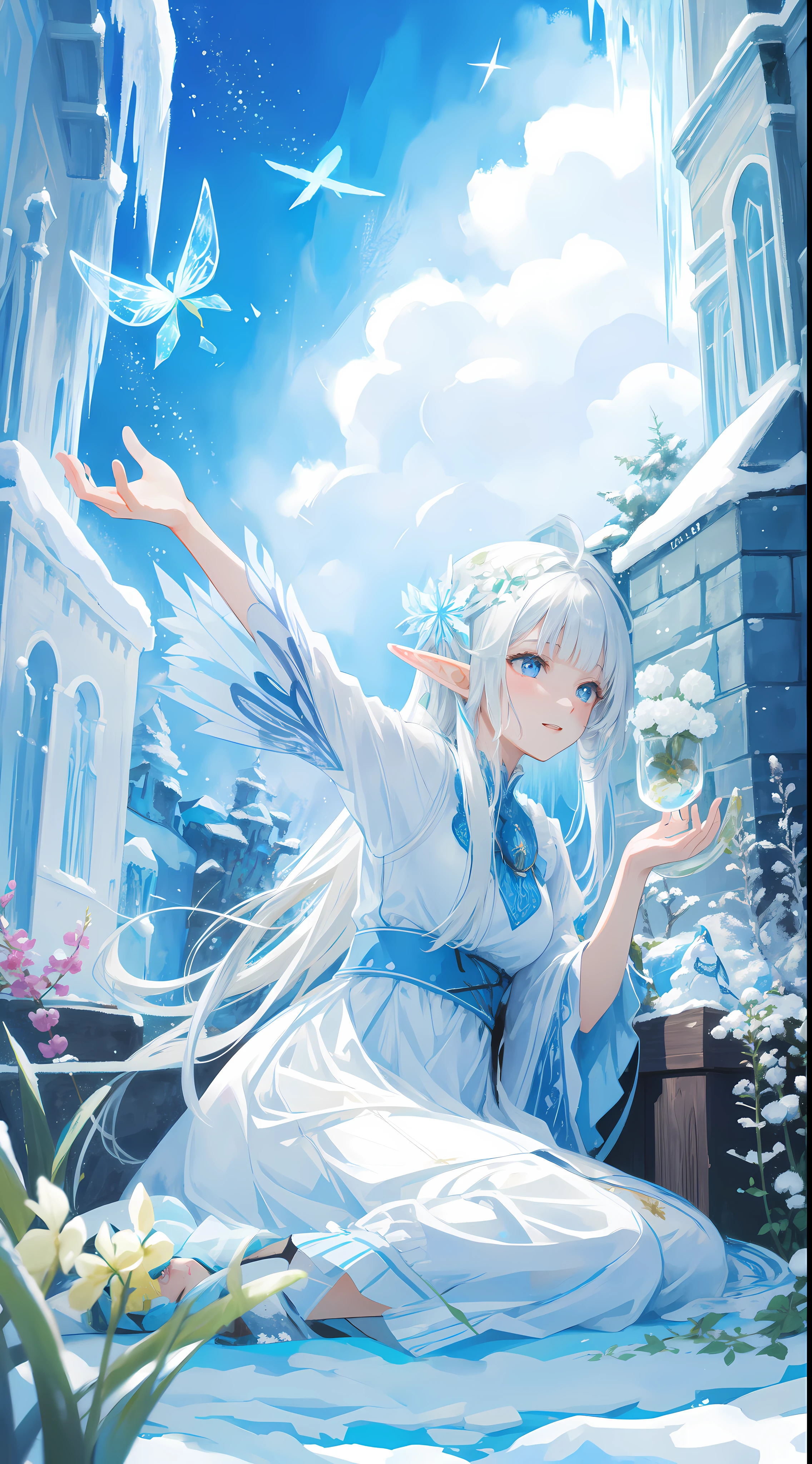 ((masterpiece, best quality)), official art, 8k wallpaper, ultra detailed, vibrant watercolor on rough paper anime illustration, a beautiful elf saintess is playing with a young dragon in the garden of an ((ice castle)). She finds a glowing butterfly and chases it. Her white dress flutters in the wind, and her golden hair shines in the sun. The young dragon flies happily with the butterfly. He sometimes sits on the saintess’s head and coos softly to her. They laugh together and marvel at the ice flowers and snow crystals. The scene is peaceful and joyful, and the perspective is from the side of the garden. design by (Yoshitaka Amano:0.23), BREAK, (elf), (1girl), solo, perfect face, details eye, Blunt bangs, (hair between eye), white blonde hair, blue eyes, style art by Artgerm, by Kawacy, by Wadim kashin,