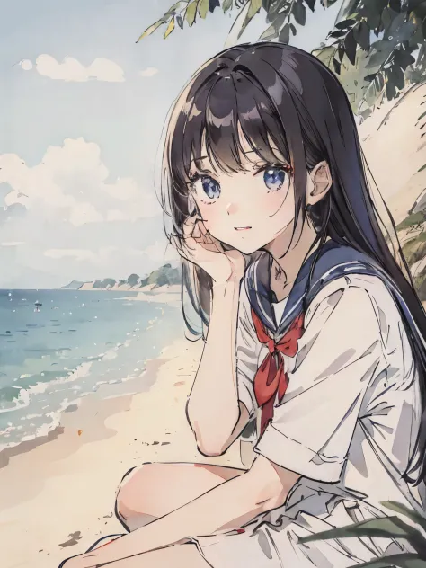 a sailor suit、a pale、A dark-haired、up of face、Mare、blue-sky、夏天、夏天陰