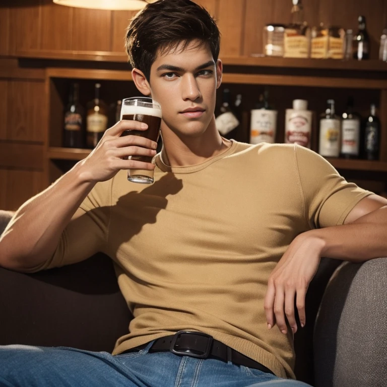 Belami Kris Evamest quality at best,),young man sitting,(actual,フォトリアリスティック:1.37),Detailed faces and expressions,Kind eyes,surisosutil,Classic portrait style,a warm color palette,Smooth and even lighting,Detailed clothes,calm and serene atmosphere, holding beer, musculous, in a traditional pub