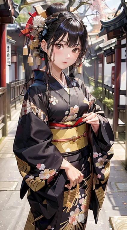 (Oiran:1.4)、1girl in,Black hair fringe long hair、Braided hair、disheveled hair、Light brown eyes extraordinary beauty)、(dignified expression)、(Traditional kimono with colorful and shiny luxury Japan:1.4)、(:1.4)、(Photorealsitic)、(intricate detailes:1.2)、(​masterpiece、:1.3)、(top-quality:1.4)、(超A high resolution:1.2)、超A high resolution、(A detailed eye)、(detailed facial features)、Wearing kimono_great night of clothes:1.4)、cherry tree moon、Five-storied Pagoda、Japan Temple