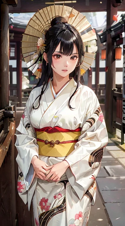 (Oiran:1.4)、1girl in,Black hair fringe long hair、Braided hair、disheveled hair、Light brown eyes extraordinary beauty)、(dignified expression)、(Traditional kimono with colorful and shiny luxury Japan:1.4)、(:1.4)、(Photorealsitic)、(intricate detailes:1.2)、(​masterpiece、:1.3)、(top-quality:1.4)、(超A high resolution:1.2)、超A high resolution、(A detailed eye)、(detailed facial features)、Wearing kimono_great night of clothes:1.4)、cherry tree moon、Five-storied Pagoda、Japan Temple