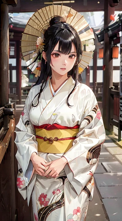 (花魁:1.4)、1girl in,Black hair fringe long hair、Braided hair、disheveled hair、Light brown eyes extraordinary beauty)、(dignified expression)、(Traditional kimono with colorful and shiny luxury Japan:1.4)、(:1.4)、(Photorealsitic)、(intricate detailes:1.2)、(​masterpiece、:1.3)、(top-quality:1.4)、(超A high resolution:1.2)、超A high resolution、(A detailed eye)、(detailed facial features)、Wearing kimono_great night of clothes:1.4)、cherry tree moon、Five-storied Pagoda、Japan Temple