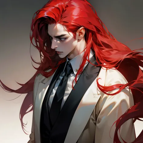 (best quality, highres, ultra-detailed, realistic:1.37), 1 tall muscular guy with very long hair, dressed in a black suit and a red tie, standing in a modern office. His striking red hair complements his captivating grey eyes. Notably, he has elegant red t...