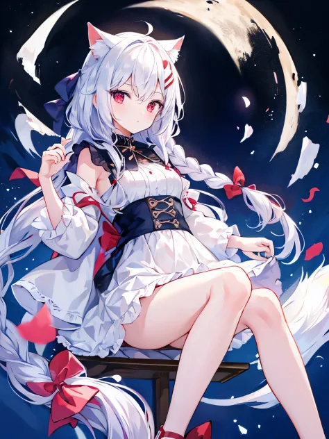 masterpiece, Highest quality, beautiful, high resolution, perfect anatomy, top-quality、 8K、 red eyes, white hair, long hair, Hairstyle with a tuft of braids hanging down from around the bangs on one side, White cat ears, White cat tail, a beauty girl、 Nice...