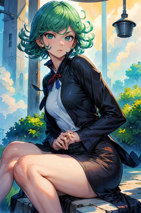 (Masterpiece, Best Quality:1.2), 独奏, 1girl, tatsumaki, unamused, closed mouth, looking a viewer, sitting, 她穿着敦煌飞天衣服, thights, ши...