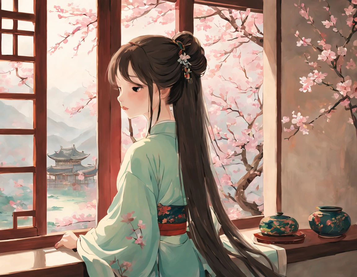 painting of ancient china, there is a back of a young girl sitting in a room in an ancient china house, the young girl has long flowing hair, she is wearing hanfu and happily looking out of the window seeing the tree outside, the window is rounded, calming atmosphere, peaceful, soft, spring, cherry blossom outside the window, only 1 girl in the picture