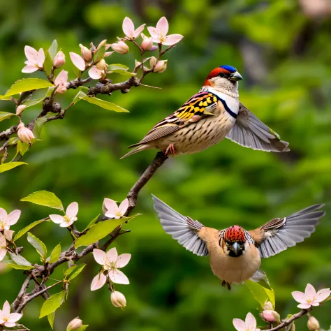 Sparrow:2 Bird Howling wings:open ((Sparrow bird_with_open_wings flying cherry_blossom wings_spread_upwards surrounded intertwin...