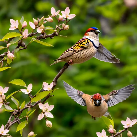 sparrow:2 bird howling wings:open ((sparrow bird_with_open_wings flying cherry_blossom wings_spread_upwards surrounded intertwin...