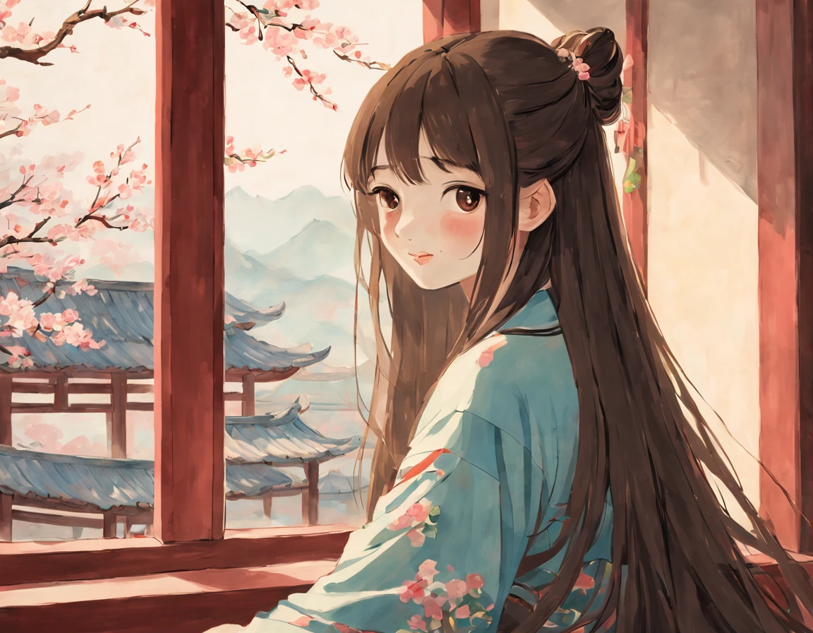 painting of ancient china, there is a back of a young girl sitting in a room in an ancient china house, the young girl has long flowing hair, she is happily looking out of the window and smiling, calming atmosphere, peaceful, soft, spring, cherry blossom outside the window, only 1 girl in the picture