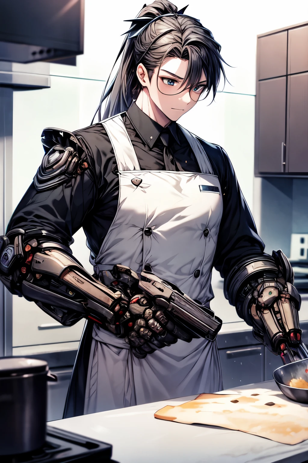 ((Butler cooking in the kitchen)), metal texture, BREAK mechanical arms, 1boy with ponytail, BREAK masterpiece, best quality, (highretremely detailed CG, (incredibly absurdres)