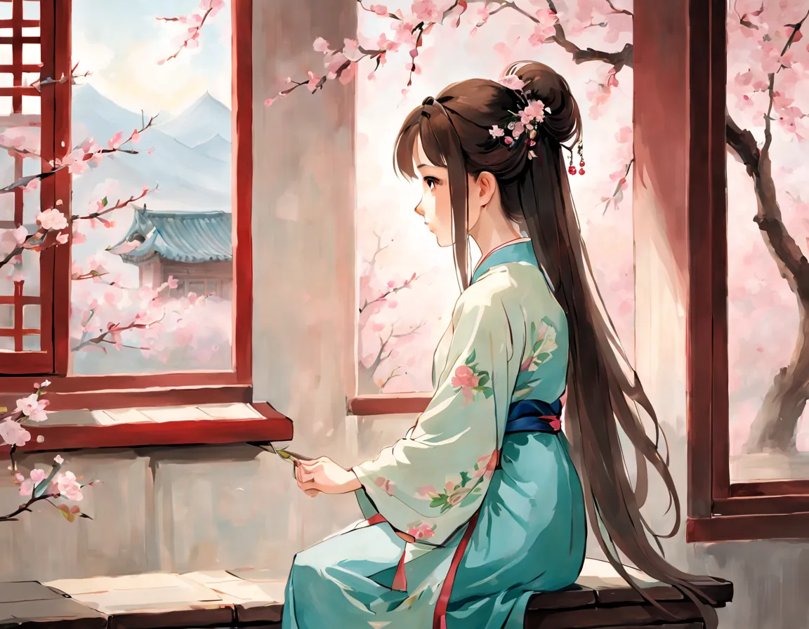 painting of ancient china, there is a back of a young girl sitting in a room in an ancient china house, the young girl has long ...