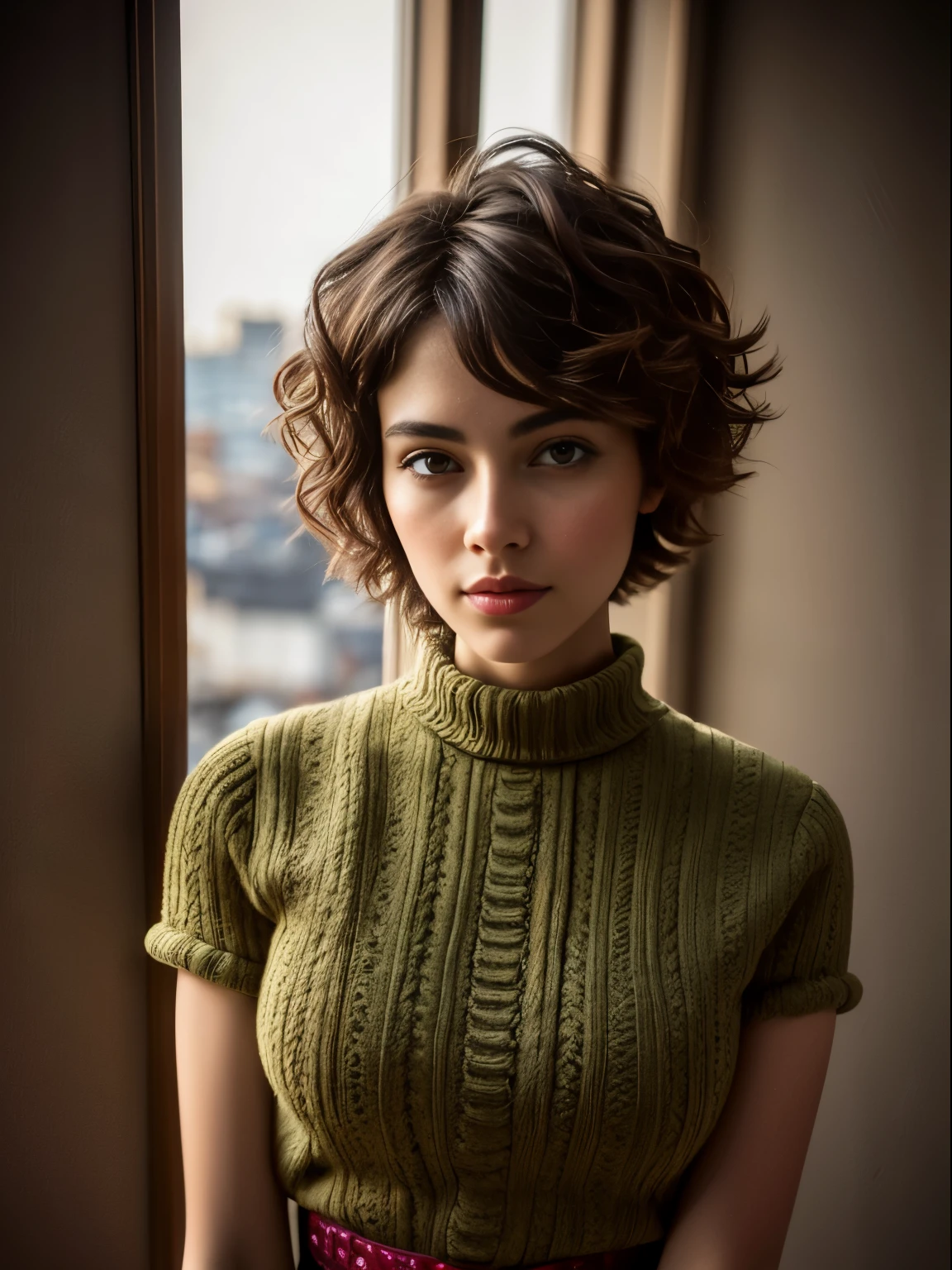 A waist-high portrait of a spanish girl with wavy short hair, natural skin texture, 4K textures, HDR, intricate, highly detailed, sharp focus, hyper-detailed