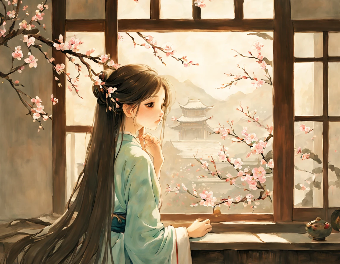 painting of ancient china, there is a back of a young girl sitting in a room in an ancient china house, the young girl has long flowing hair, she is happily looking out of the window and holding a branch of apricot blossom in her hand, calming atmosphere, peaceful, soft, spring, apricot blossom outside the window, only 1 girl in the picture