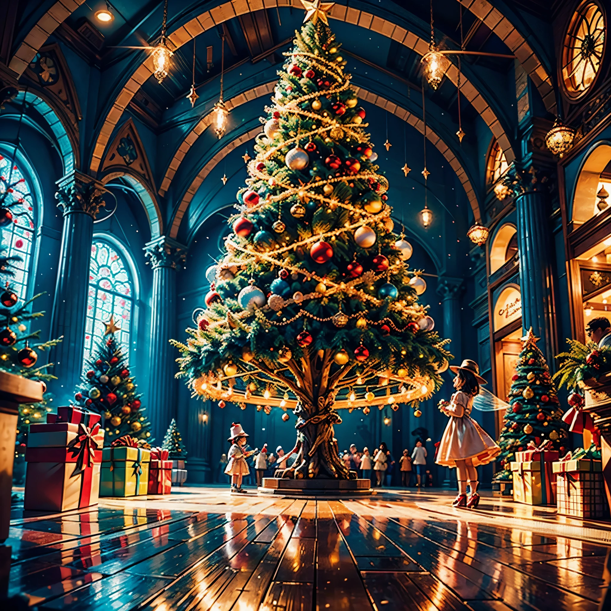 (((向量插畫風格)))，鮮豔的色彩, 神奇的氛圍, 異想天開的, 閃閃發光的, 奇幻聖誕世界,充滿活力的色彩, 色彩鮮豔, 神奇的氣氛, 異想天開的, 閃閃發光的，奇幻聖誕世界，圣诞购物中心内，巨大的圣诞树上挂满了彩灯、絨球、聖誕襪，圣诞吊坠，树下放着成堆的礼物。一對年輕夫婦和一家人欣賞商場裡的聖誕裝飾品，周围都是身着圣诞老人服装的表演者和圣诞老人雕像。圣诞商场就像童话世界，充滿魔力， (吉卜力風格的色彩, 丟, 第一人稱視角, 準確的, 解剖學正確, 超細節, 高細節, 高品質, 得獎, 最好的品質) 🎈🍦🍹❤🔆🕡(😘👩🎀👗⚜👒🥿👡🩲💅)🎪🎢🎡🎠 極端主義者_high-def 極端主義者_Photo-realistic optimal 極端主義者_high-quality opengl-shaders 極端主義者_high-details 準確的 reflex 極端主義者_高解析度完美體積閃電改進 Octane_rendues UHD XT3 DSLR HDR 3dcg 阴影类比 extatiques 对称旁观者 sundrop 电影_阳光下UnrealEngine5 Ultra Masterpiece深路径等矩形_360多种多等. --s 1000 --c 20 --q 20 --混沌 100