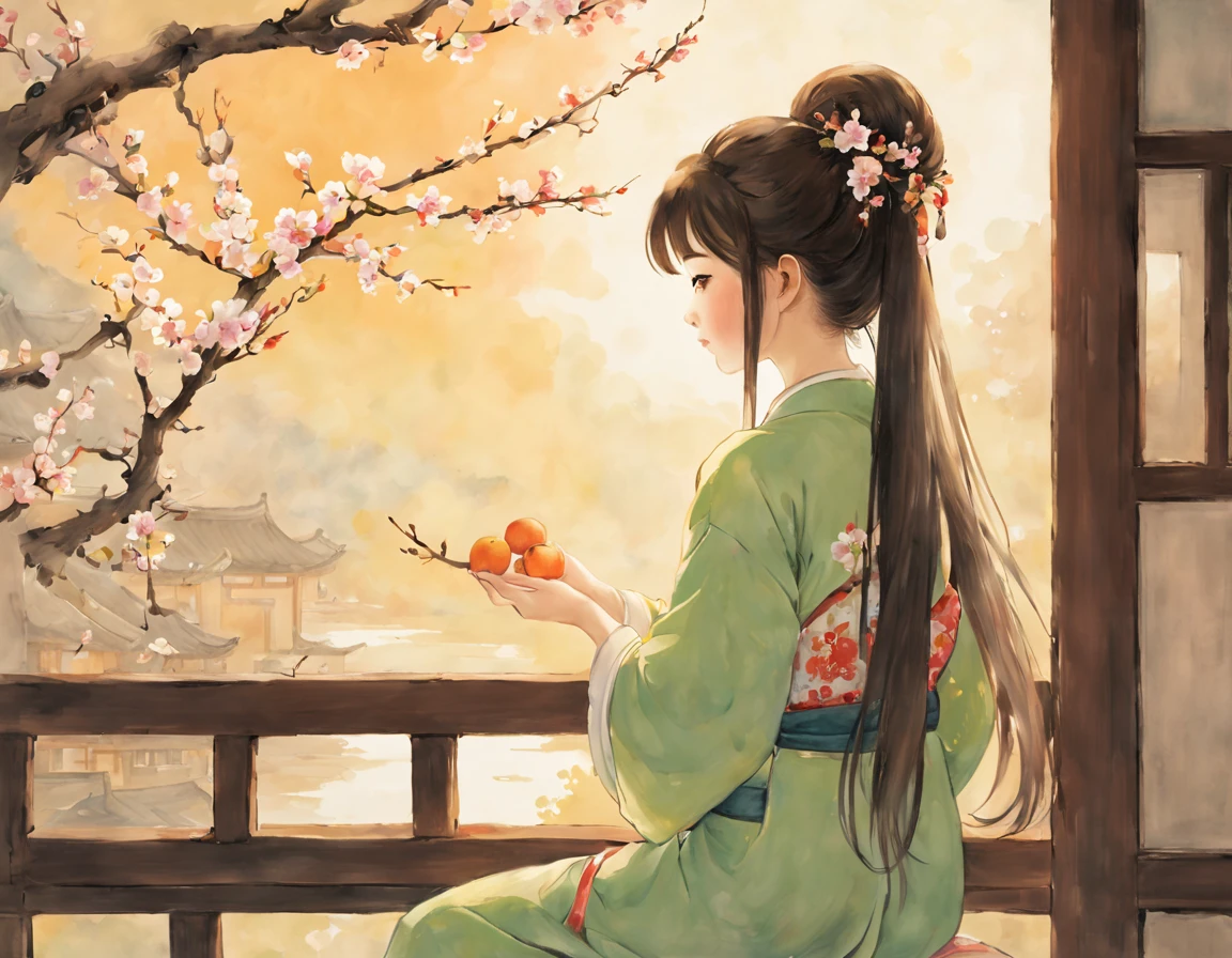 painting of ancient china, there is a back of a young girl sitting in a room in an ancient china house, the young girl has long flowing hair, she is happily looking out of the window and holding a branch of apricot blossom in her hand, calming atmosphere, peaceful, soft, spring, apricot blossom outside the window, only 1 girl in the picture