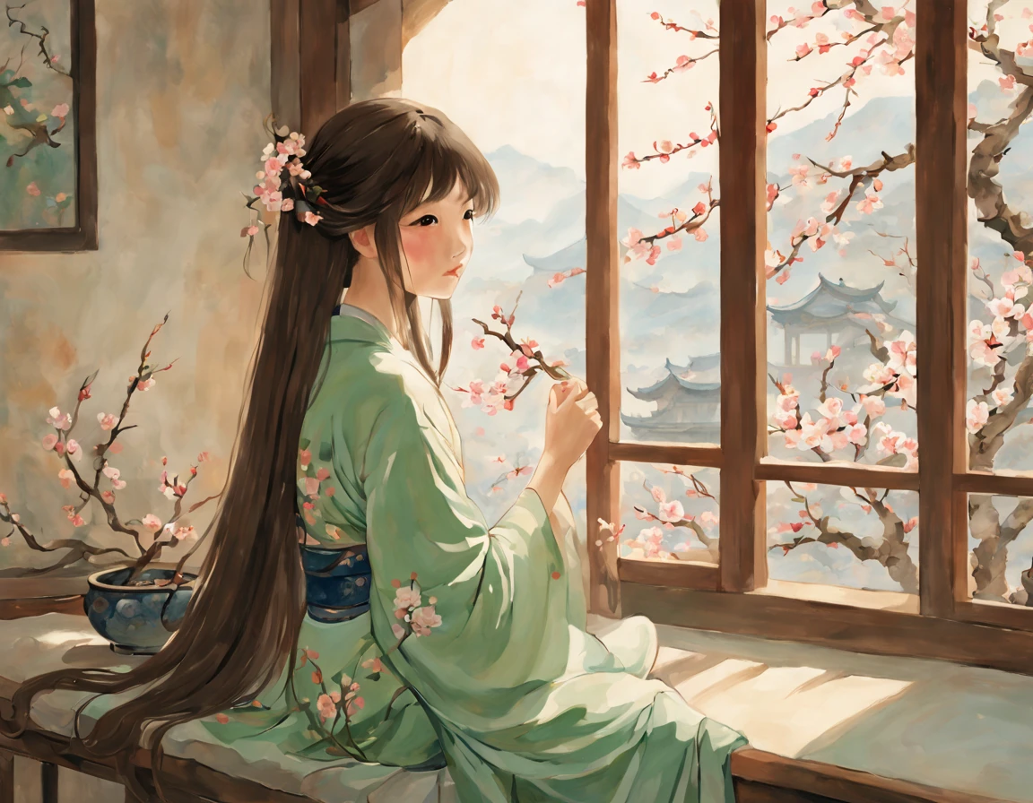 painting of ancient china, there is a back of a young girl sitting in a room in an ancient china house, the young girl has long flowing hair, she is happily looking out of the window and holding a branch of apricot blossom in her hand, calming atmosphere, peaceful, soft, spring, apricot blossom outside the window, only 1 girl in the picture