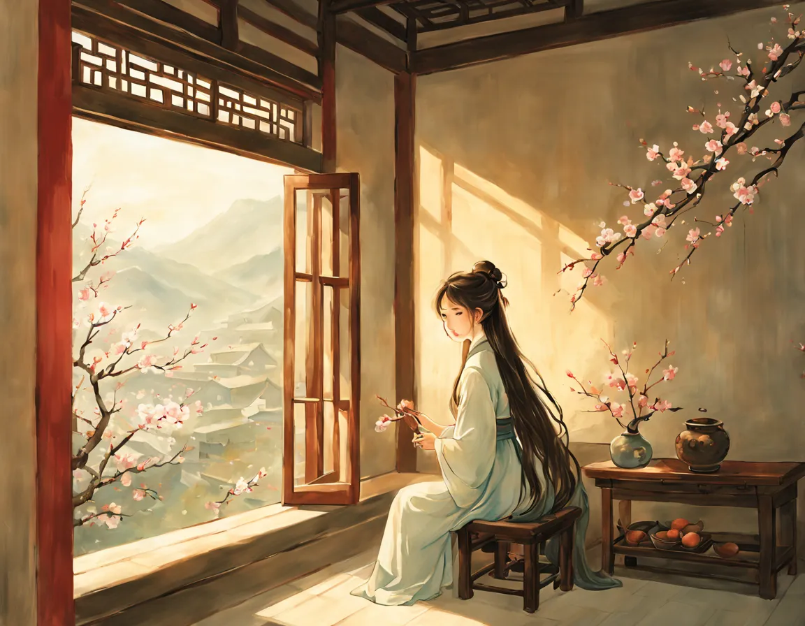 painting of ancient china, there is a back of a young girl sitting in a room in an ancient china house, the young girl has long ...