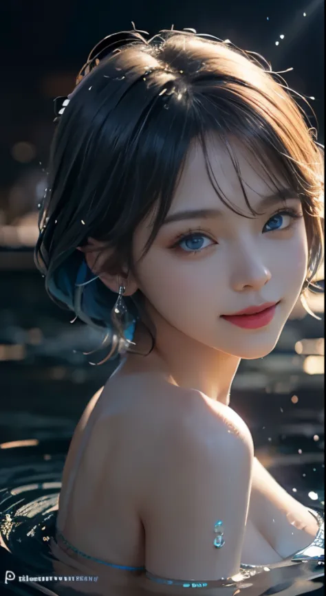 (Front focus), (In the darkness of the night: 1.6), closeup of face, 1 girl, girl with short hair floating in the water、Photographic realism, 动态照明, art  stations, Volumetriclighting, Very detailed faces, 4K,  1 girl,There is one by the sea，Kneel in the wat...