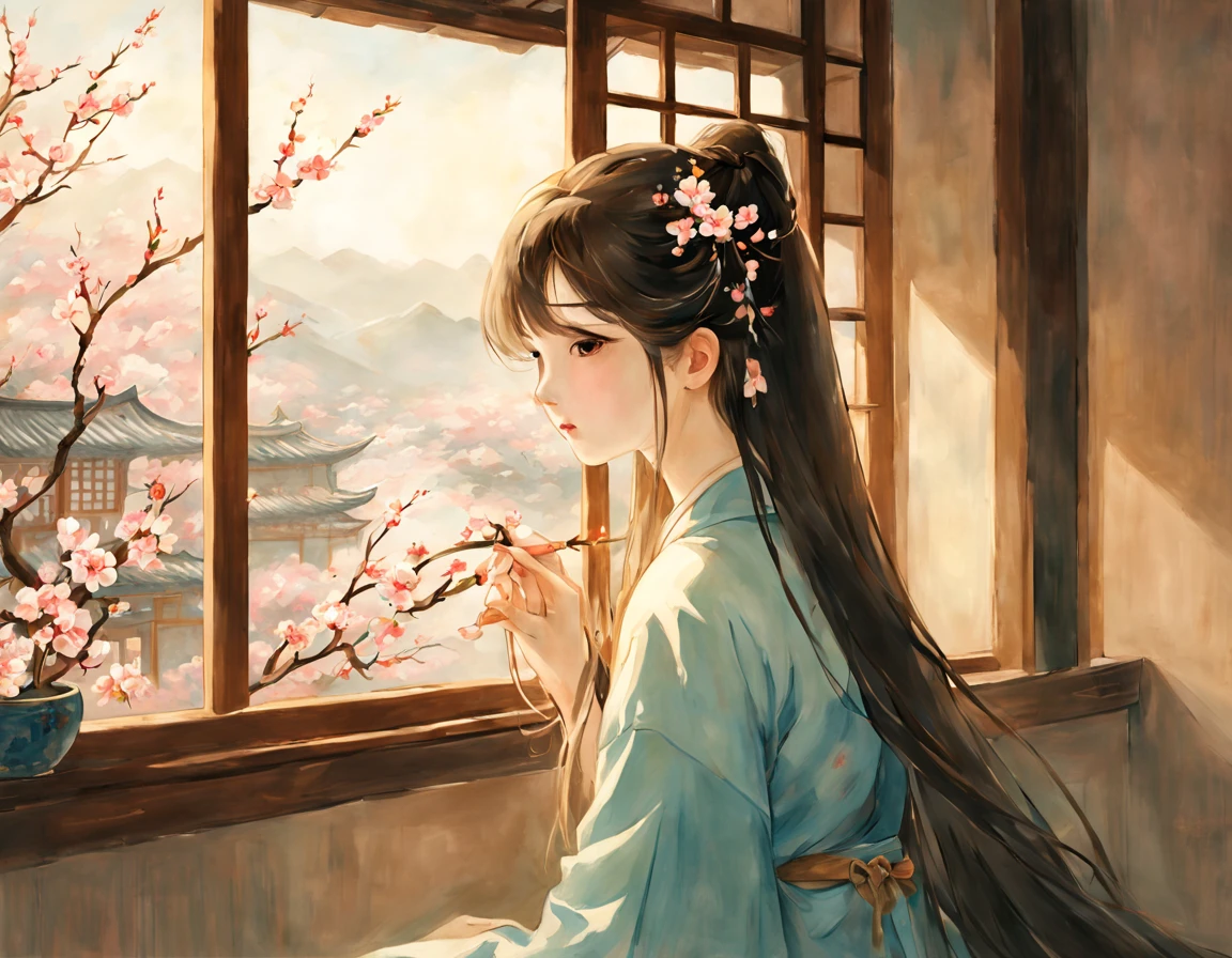 painting of ancient china, there is a back of a young girl sitting in a room in an ancient china house, the young girl has long flowing hair, she is happily looking out of the window and holding a branch of apricot blossom in her hand, calming atmosphere, peaceful, soft, spring, apricot blossom outside the window, only 1 girl in the picture