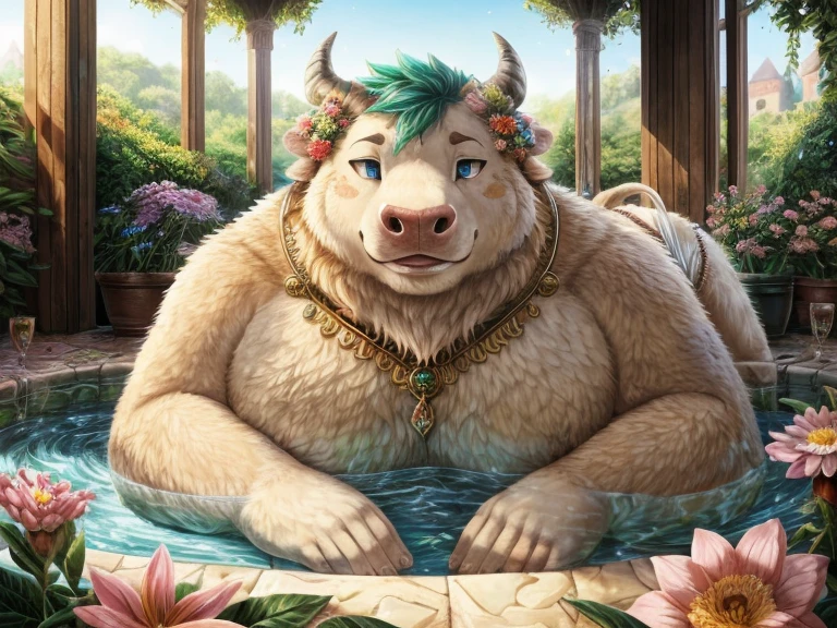 Obese, Overweight male, anthro, bull), lying, beautiful white, luminiscent blue eyes, nude, fundoshi, by manmosu marimo, Enchanting garden, blooming flowers, sparkling water, Intricate details, vibrant hues, dreamlike ambiance, beige, peach, soft blue, green, morning and fog, hyper realistic, middle scene, intricately detailed, masterpiece of intricate art, golden ratio, intricate, highly detailed,matte painting,