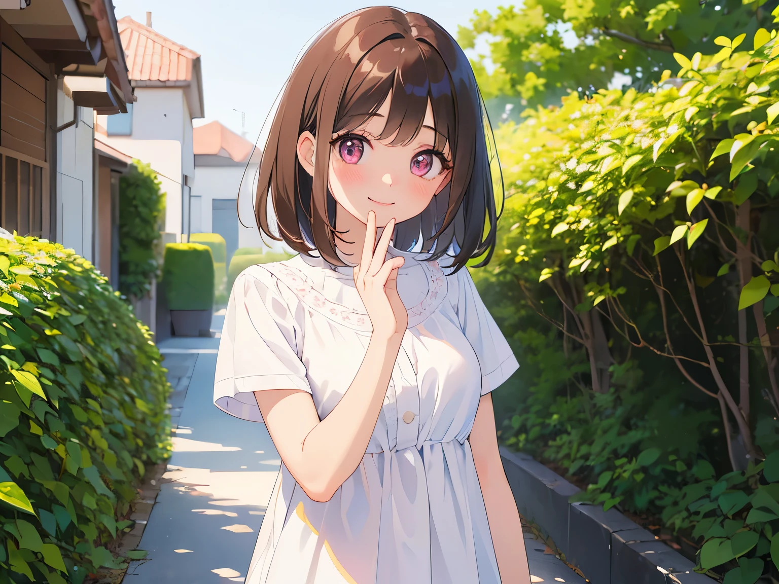 waving at viewer、​masterpiece、top-quality、 A 25-year-old woman with medium hair and pink eyes with brown bangs.、Wearing a white short-sleeved blouse、(shy:1.3)、smile, (Staring:1.5)、is standing、Background outside、Bold composition、Upper body is shown、Alone、