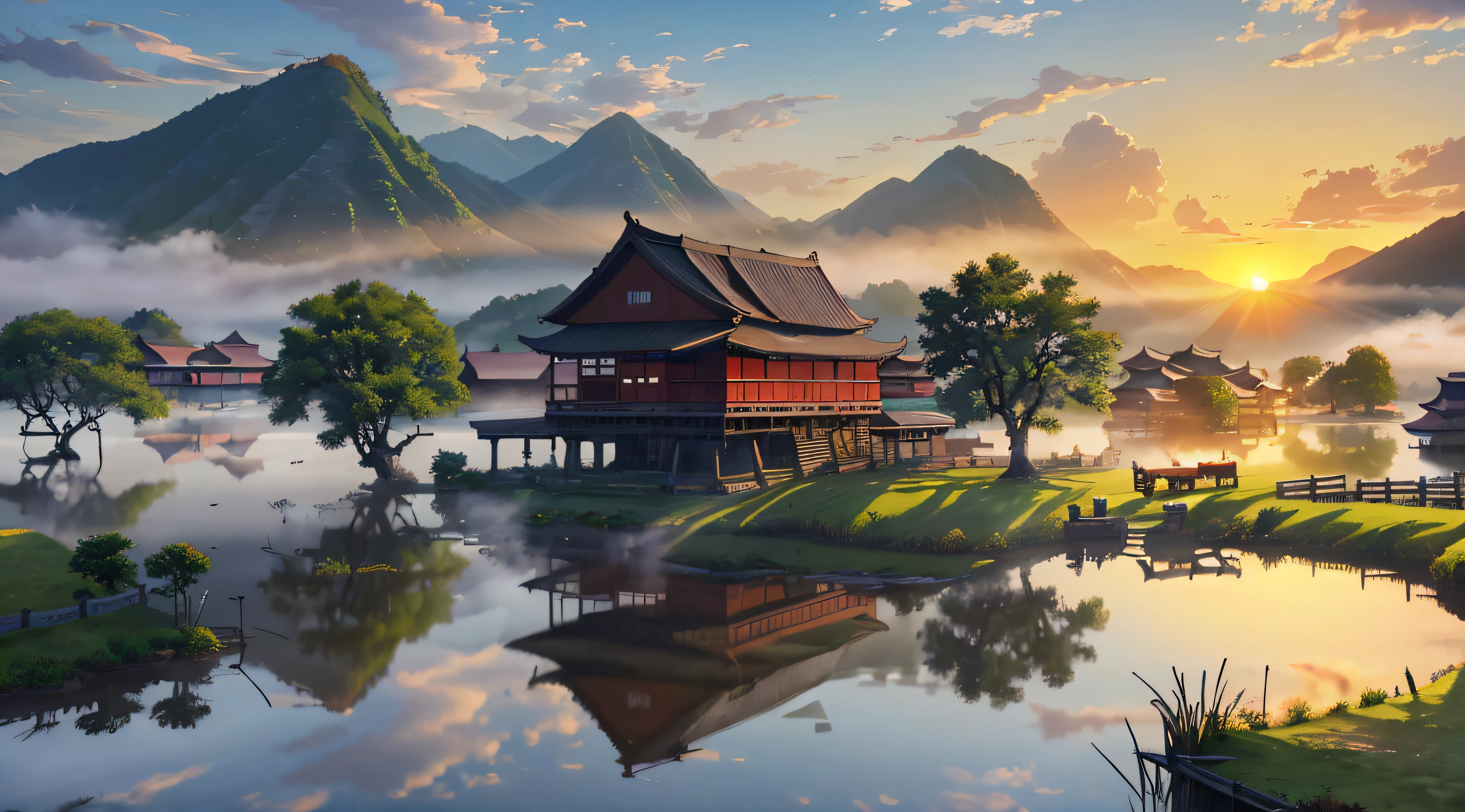 8K,k hd，CG,Complex textures，Complex scenes，Large depth of field，bird's eyes view，complex light，The rising sun，Chinese farmhouse，Morning mist，college，lakes，SUV，ten ten，A man is fishing