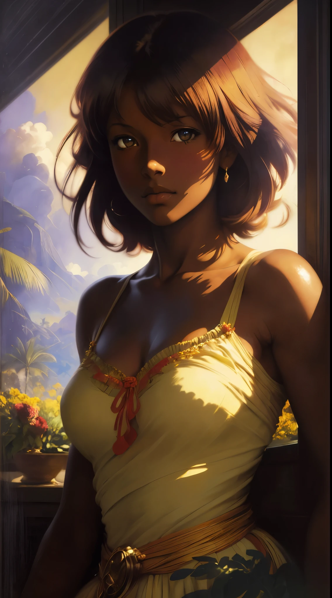 ((Solo Beautiful Carribean woman with dark skin and striking eyes)),  shadowed interior background, art by akihiko yoshida, manga art style, colorfield illustration, scary atmosphere, global illumination, by frank frazetta, art by goro fujita, glamor shot, banner, blur, anime key visual, (blue, yellow and gray colors), photorealistic dramatic anime girl, intricately detailed, chiaroscuro, pino daeni, impressionist (best quality, masterpiece)