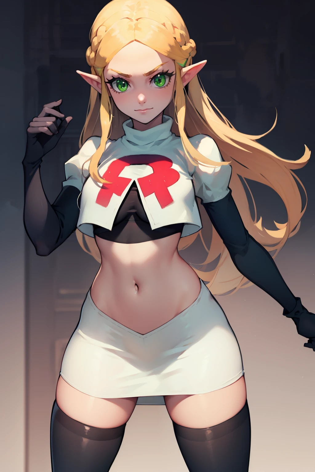 Zelda, green eyes, team rocket,team rocket uniform, red letter R, white skirt,white crop top,black thigh-high boots ,black elbow gloves, sinister villianess look, sexy pose