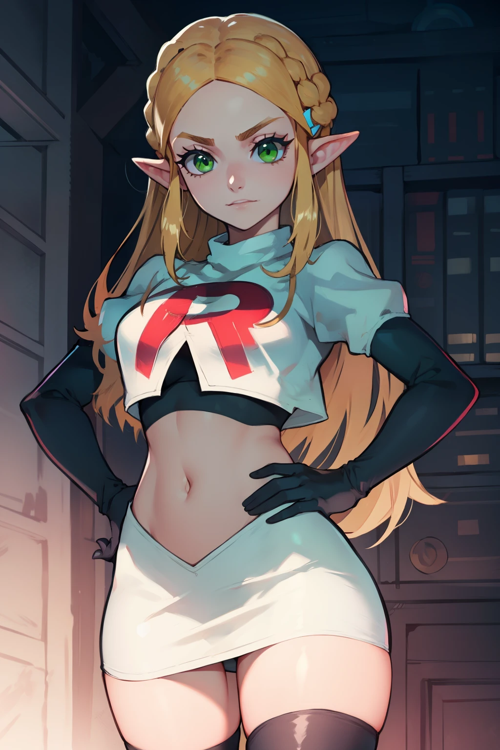 Zelda, green eyes, team rocket,team rocket uniform, red letter R, white skirt,white crop top,black thigh-high boots ,black elbow gloves, sinister villianess look, hands on hips